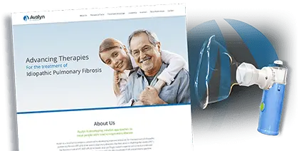 Split view of Avalyn Pharma's website homepage and their logo and a medical device