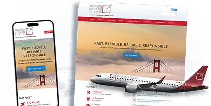 Split view of Jackson Square Aviations's website in desktop and tablet