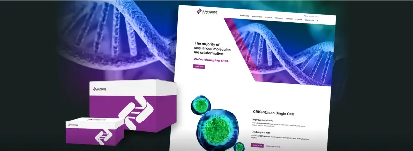 Split view of Jumpcode Genomics's website homepage and their logo and a medical device