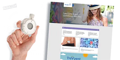 Split view of StedyMed's website next to a hand holding their patch-pump technology